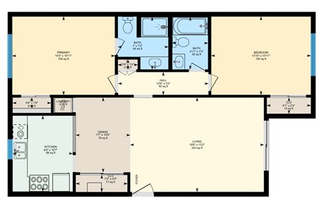 Floor plan for 2 beds, 2 baths, 925 sqft